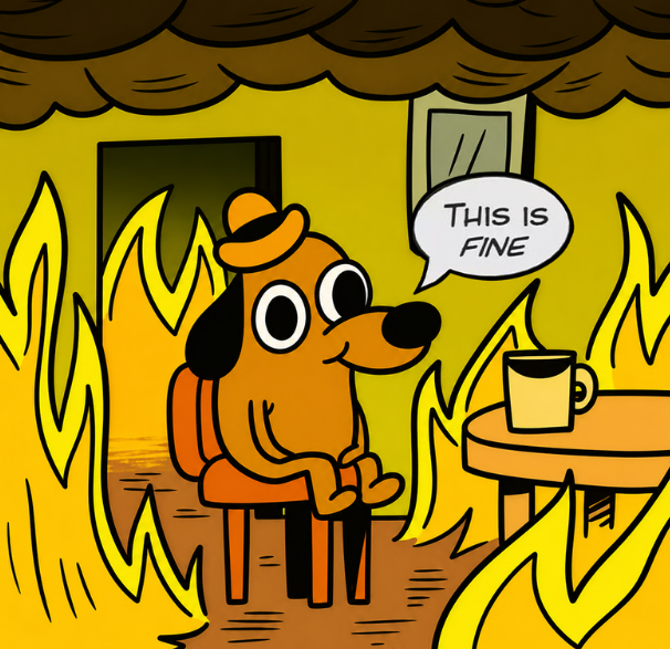 This is Fine dog sipping coffee surrounded by flames